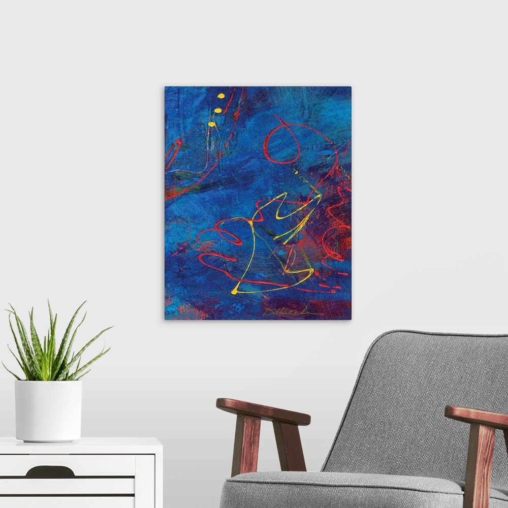 A modern room featuring Abstract painting in shades of blue with bright red and yellow swirly line designs on top creatin...