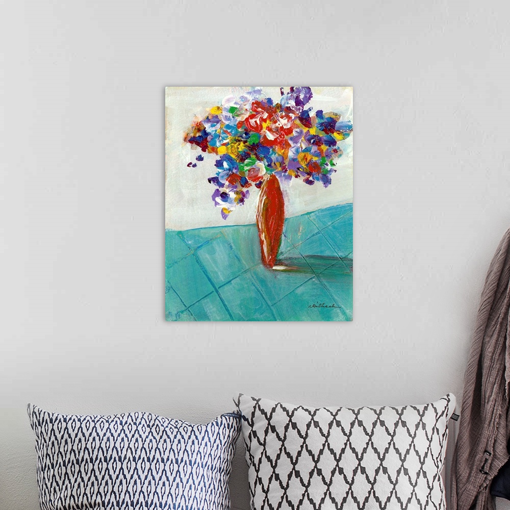 A bohemian room featuring Contemporary painting of an abstract floral arrangement in a red vase on a teal table.