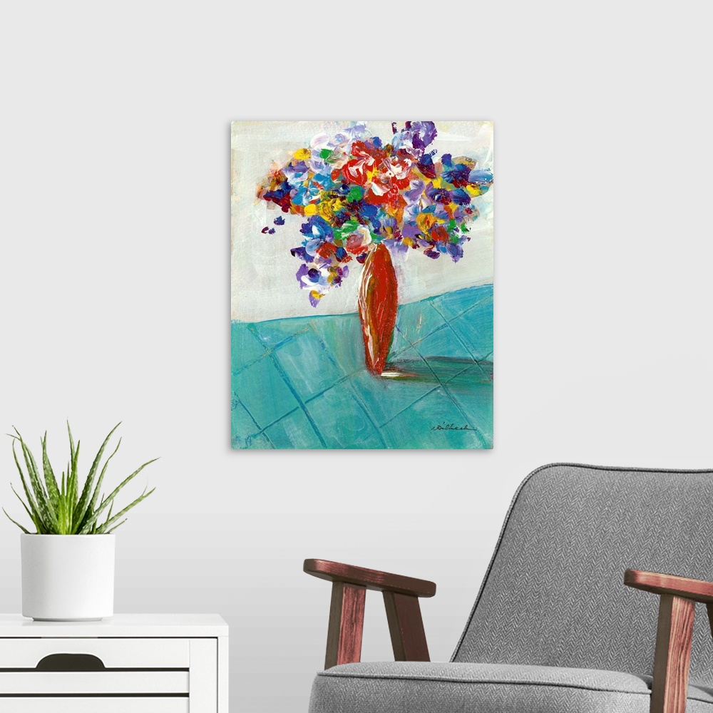 A modern room featuring Contemporary painting of an abstract floral arrangement in a red vase on a teal table.