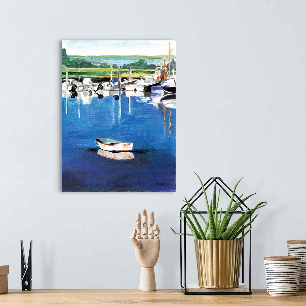 A bohemian room featuring Contemporary watercolor painting of boats docked in a harbor.