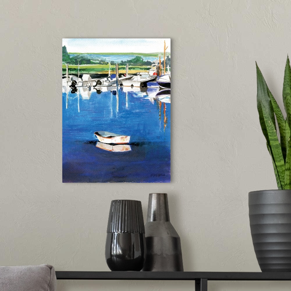 A modern room featuring Contemporary watercolor painting of boats docked in a harbor.