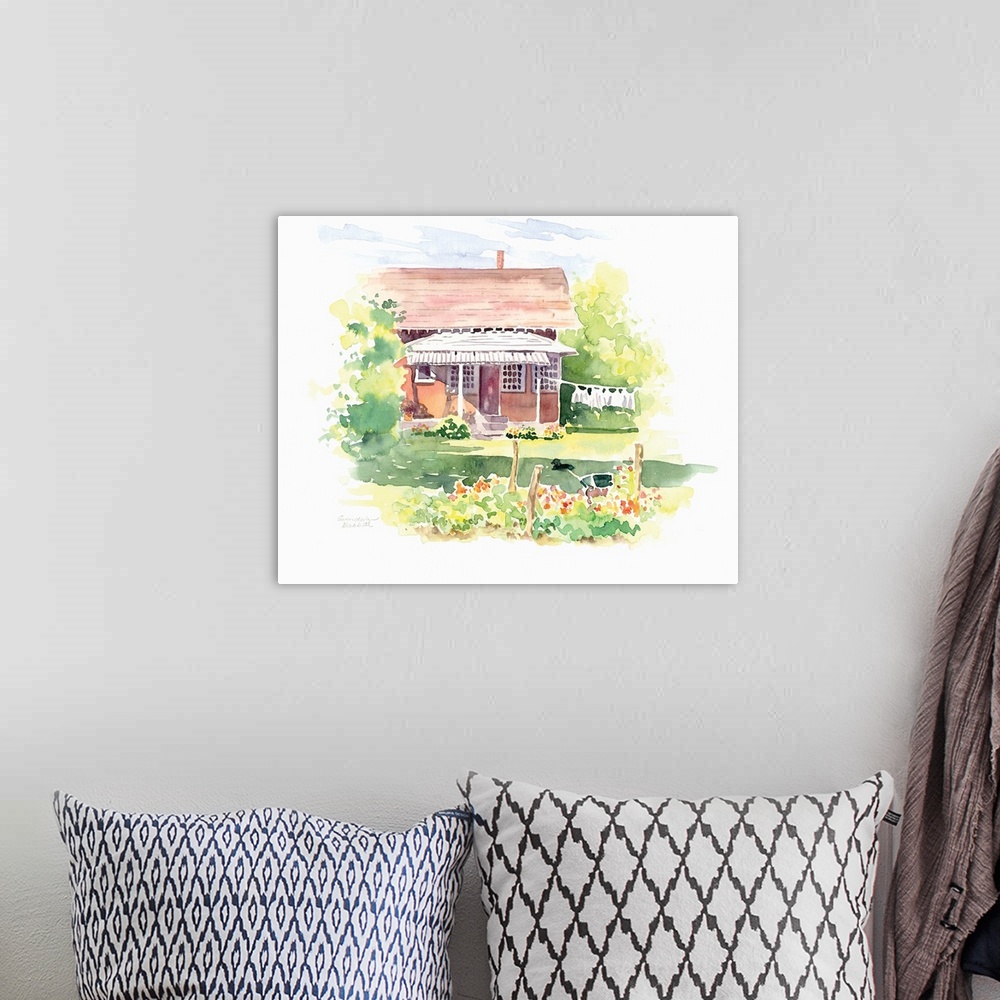 A bohemian room featuring Contemporary watercolor painting of a cottage with laundry hanging on a line in the front yard an...