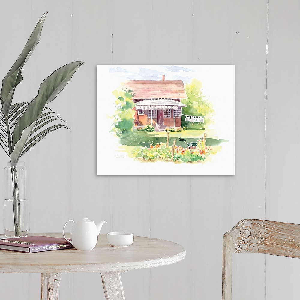 A farmhouse room featuring Contemporary watercolor painting of a cottage with laundry hanging on a line in the front yard an...