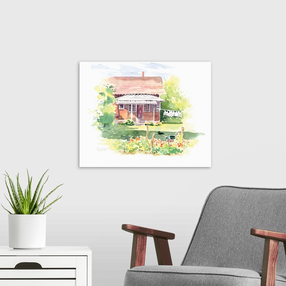 A modern room featuring Contemporary watercolor painting of a cottage with laundry hanging on a line in the front yard an...