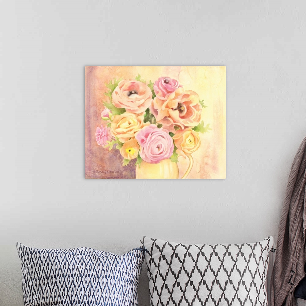 A bohemian room featuring Contemporary watercolor painting of a yellow pitcher holding a bouquet of pink and orange roses.