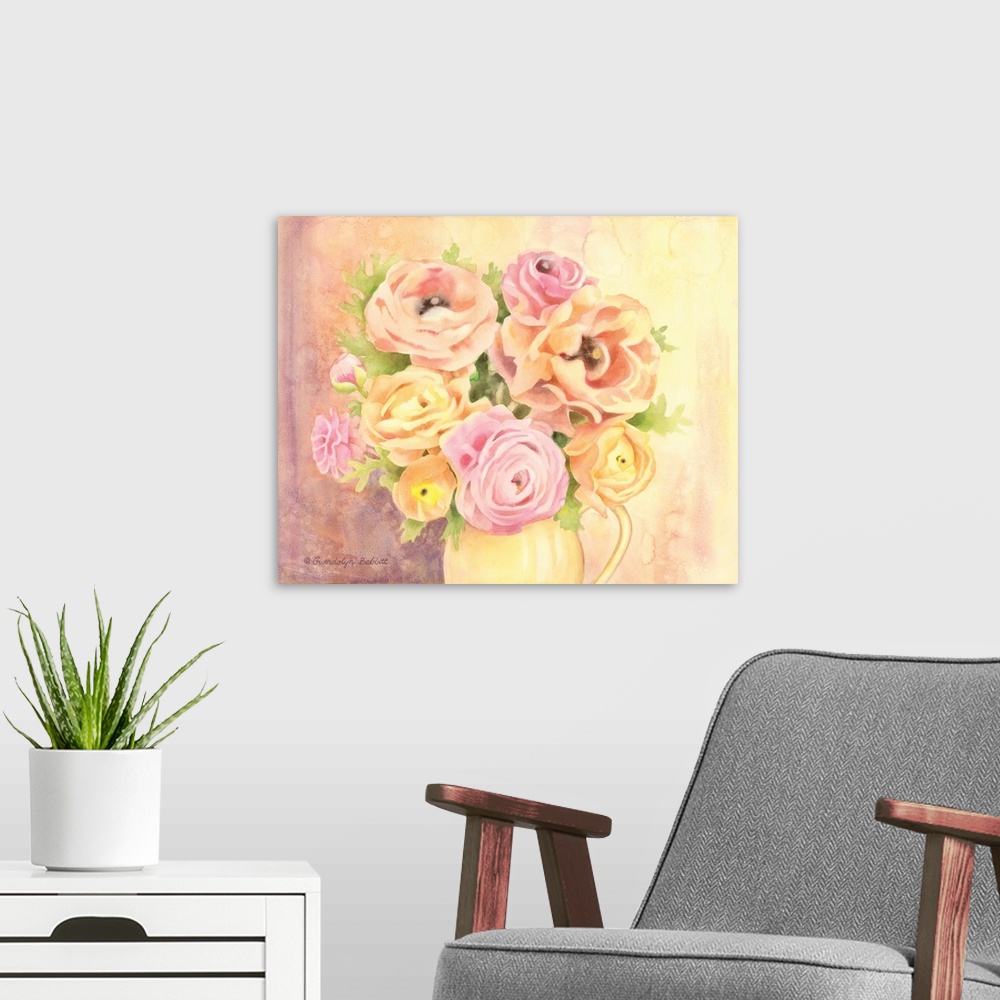 A modern room featuring Contemporary watercolor painting of a yellow pitcher holding a bouquet of pink and orange roses.
