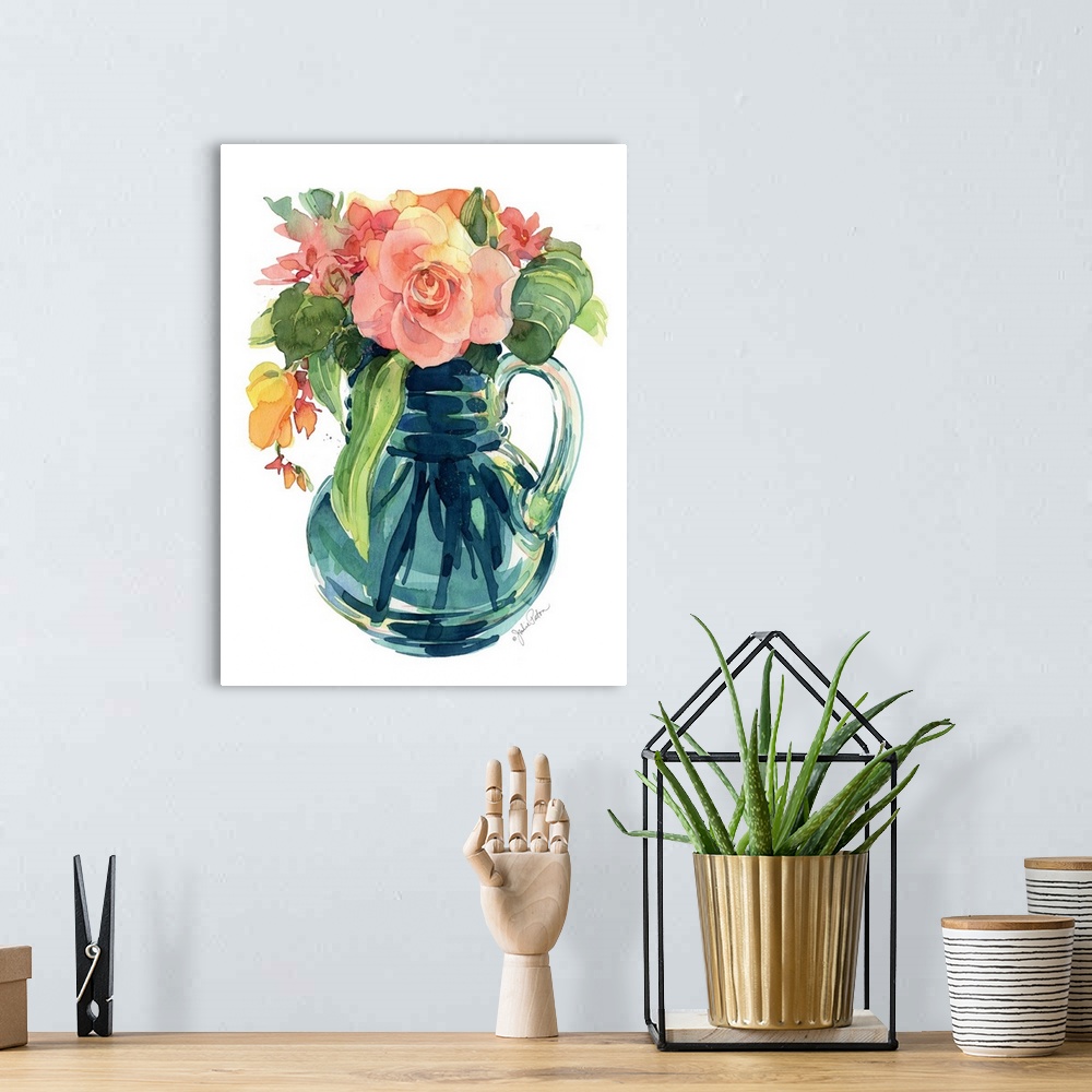 A bohemian room featuring Contemporary painting of a bouquet of pink roses in a glass vase.