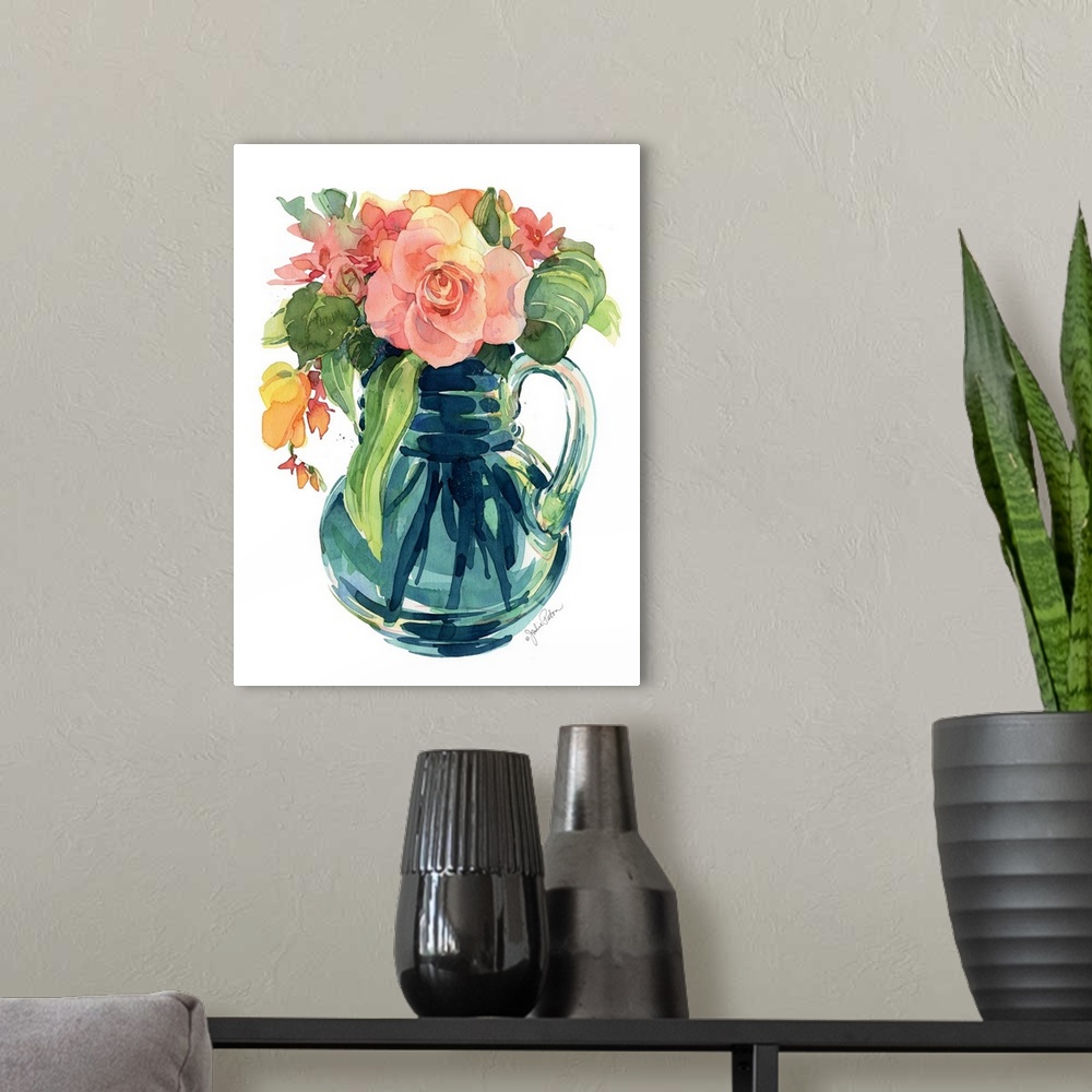 A modern room featuring Contemporary painting of a bouquet of pink roses in a glass vase.