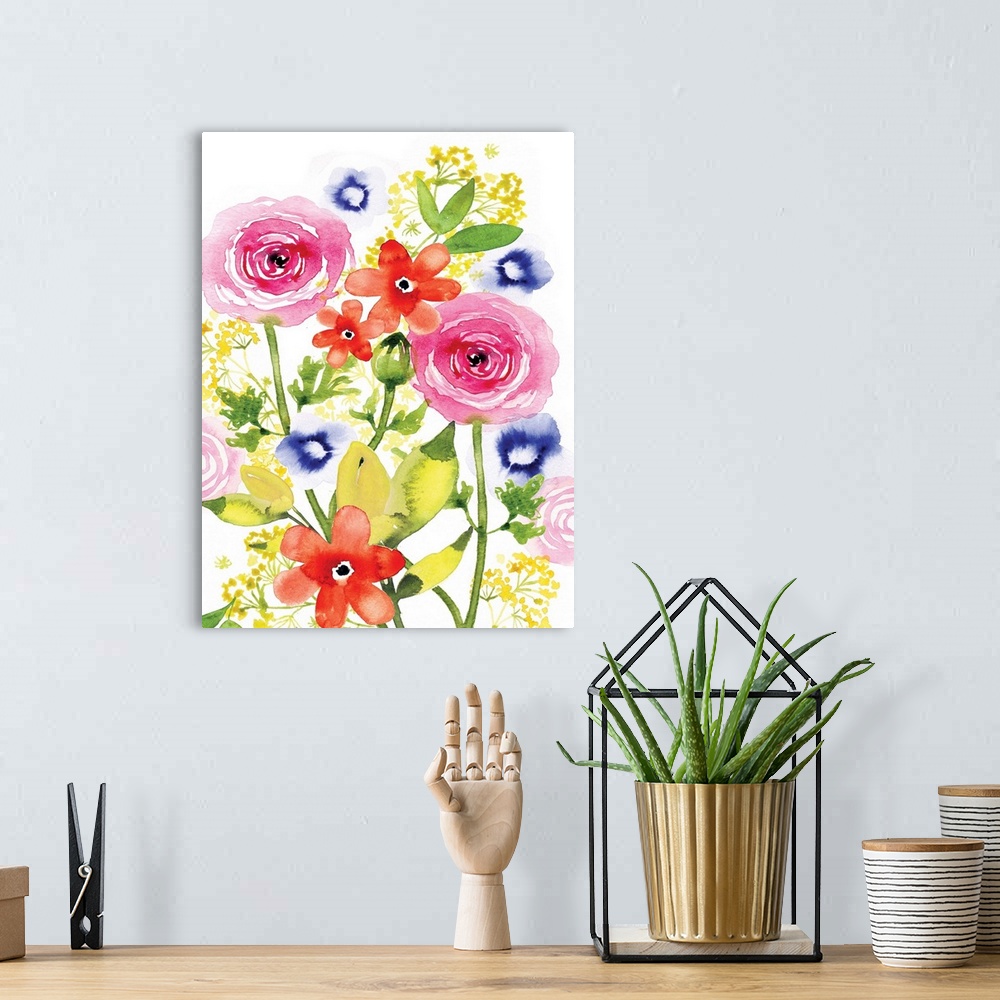 A bohemian room featuring Watercolor painting of a bouquet of pink and red flowers.