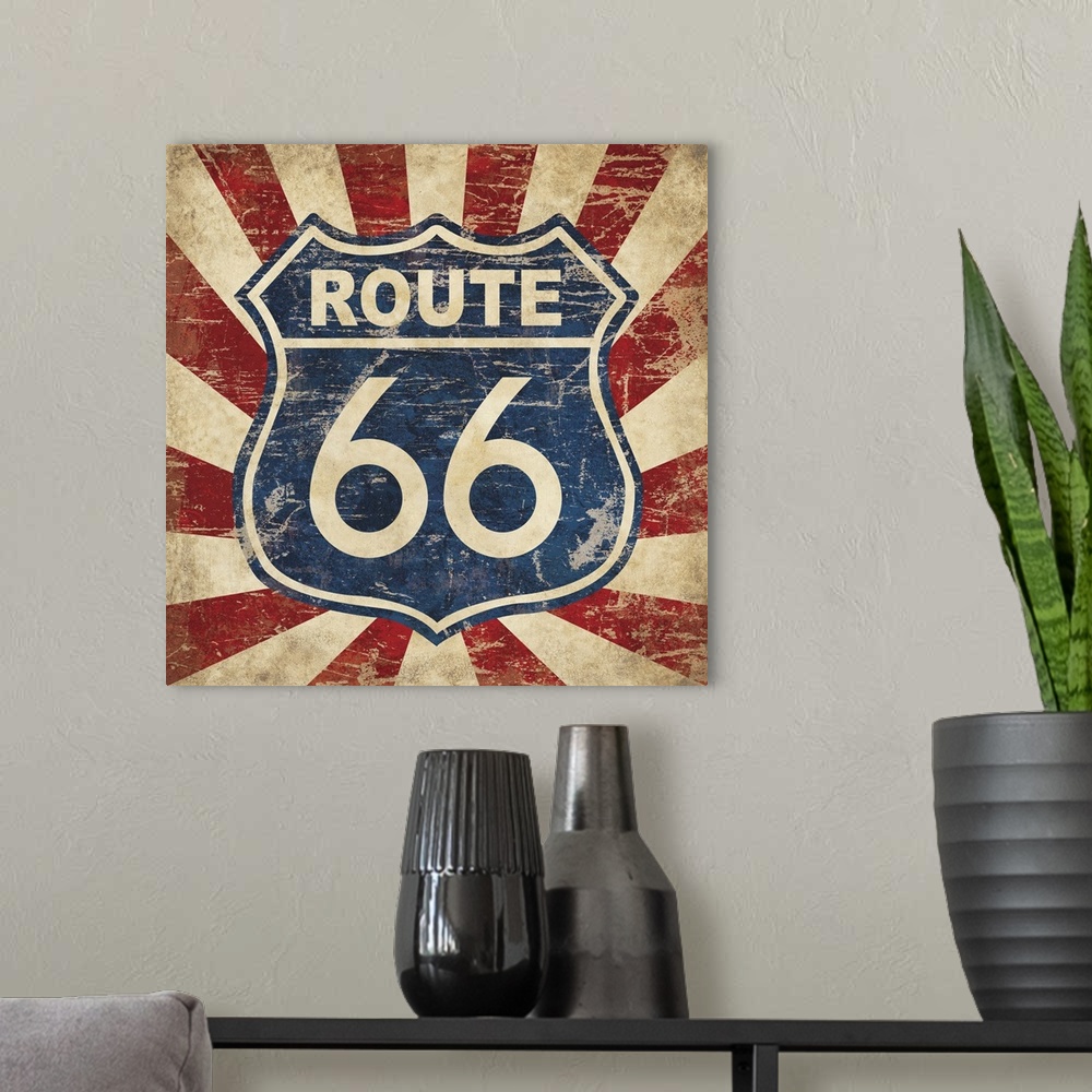 A modern room featuring Vintage blue Route 66 sign with a red and tan lined background.