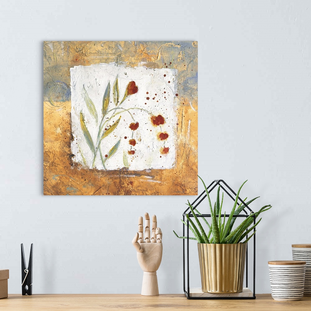 A bohemian room featuring Square, home art docor on a big wall hanging of two small flowers and their stems and leaves on a...
