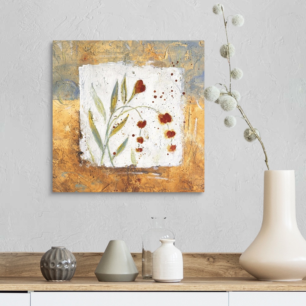 A farmhouse room featuring Square, home art docor on a big wall hanging of two small flowers and their stems and leaves on a...