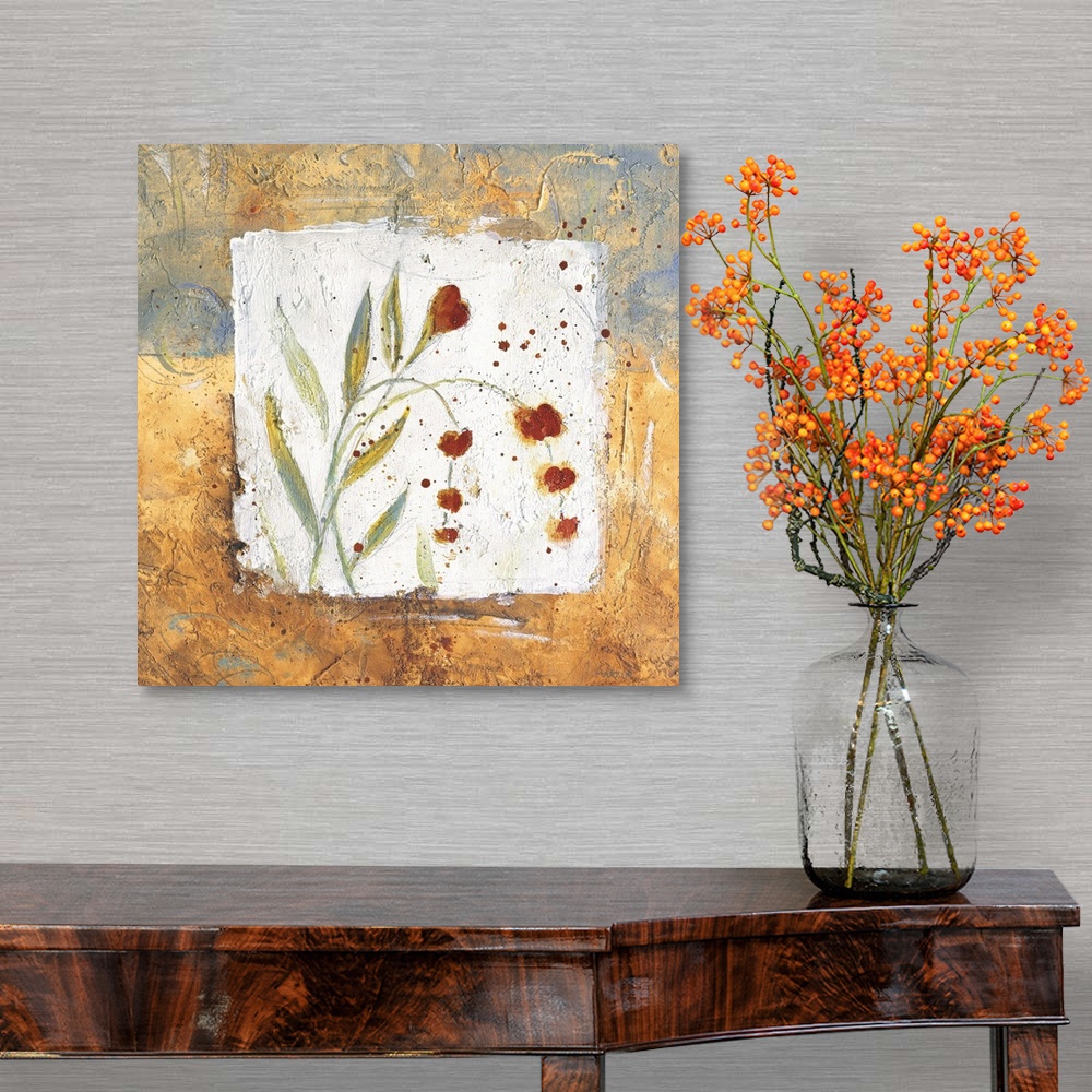 A traditional room featuring Square, home art docor on a big wall hanging of two small flowers and their stems and leaves on a...
