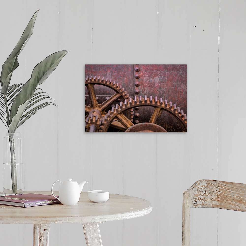 A farmhouse room featuring A close up photo of metal elements that have rusted over time.