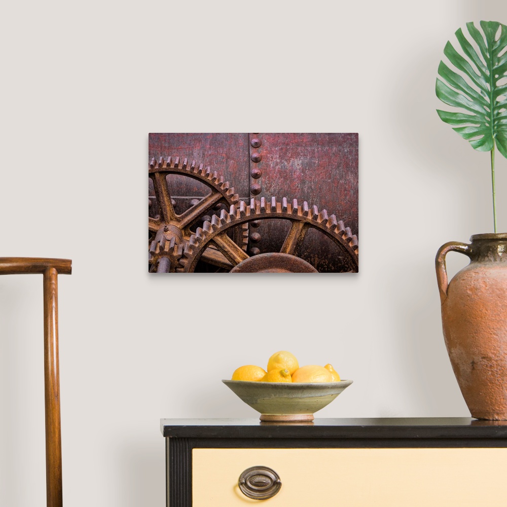 A traditional room featuring A close up photo of metal elements that have rusted over time.