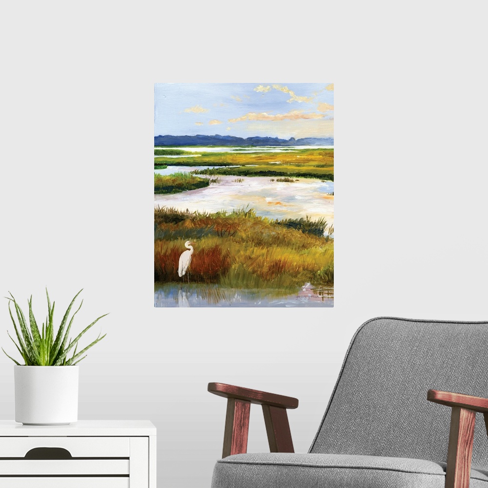 A modern room featuring A serene scene of water and grasses illuminated by the late afternoon sun. A white heron stands p...