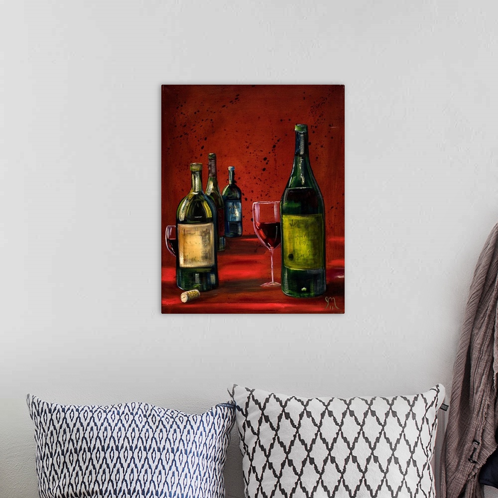 A bohemian room featuring Contemporary painting of wine bottles and two glasses of red wine on a red background with paint ...