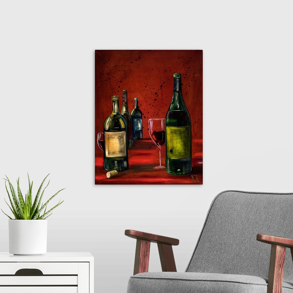 A modern room featuring Contemporary painting of wine bottles and two glasses of red wine on a red background with paint ...