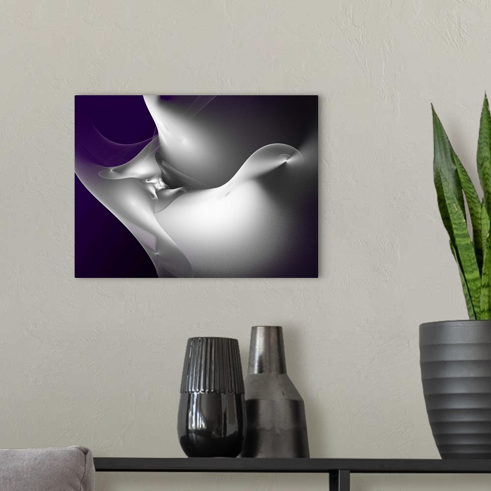A modern room featuring Digital abstract artwork in black and grey tones.