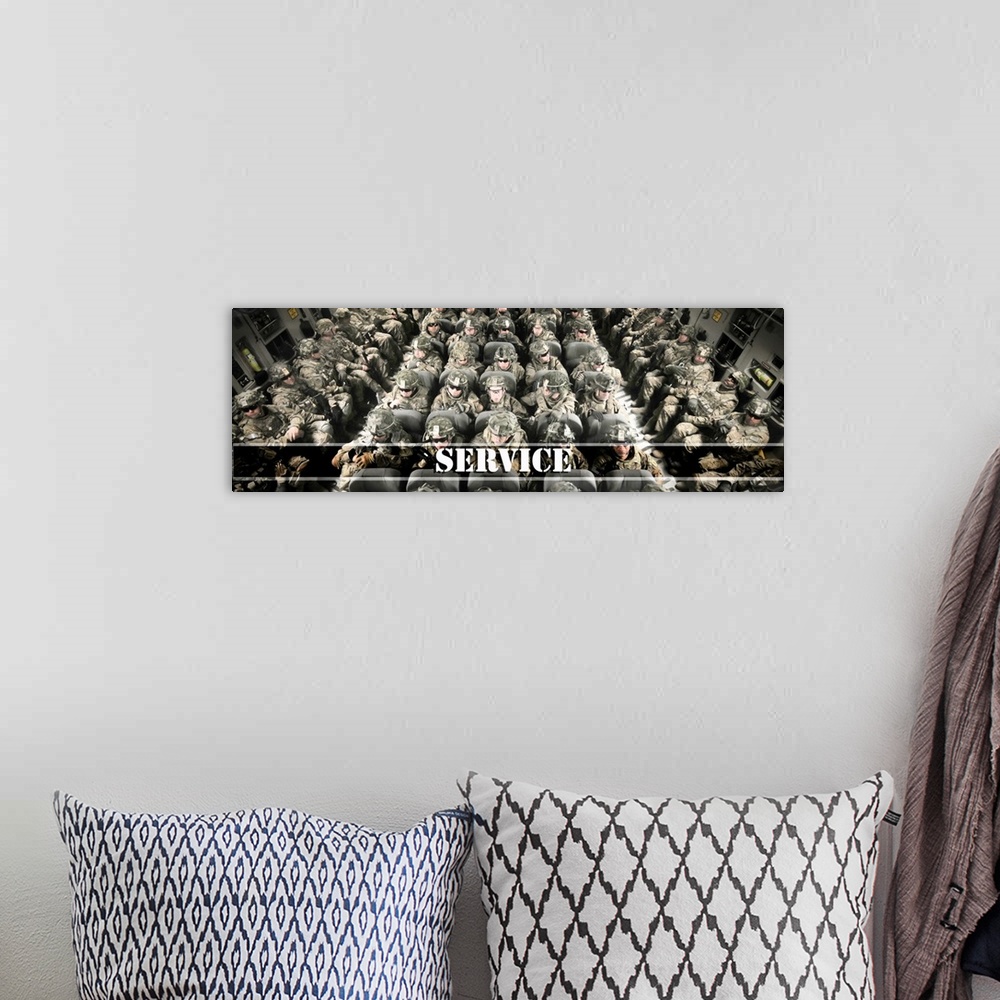 A bohemian room featuring Panoramic photograph of Military Soldiers sitting inside a plane with the word "Service" written ...