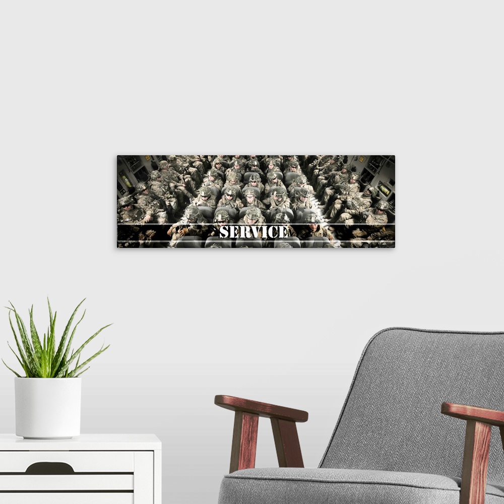 A modern room featuring Panoramic photograph of Military Soldiers sitting inside a plane with the word "Service" written ...