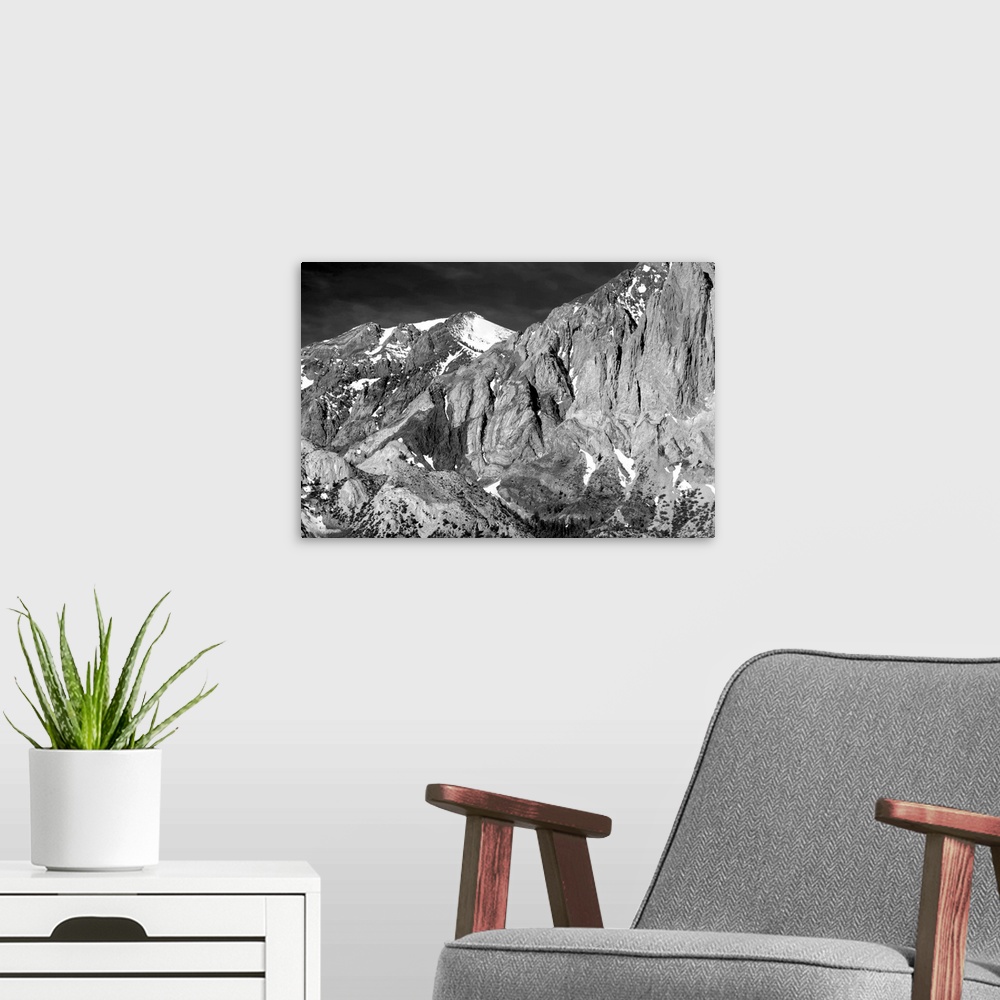 A modern room featuring Black and white photograph of the Sevehah Cliffs in the Sierra Nevadas.