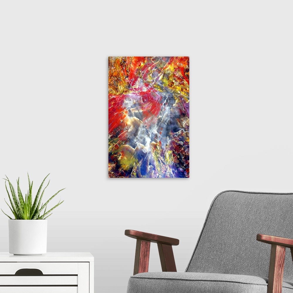 A modern room featuring Bright and colorful abstract photograph.