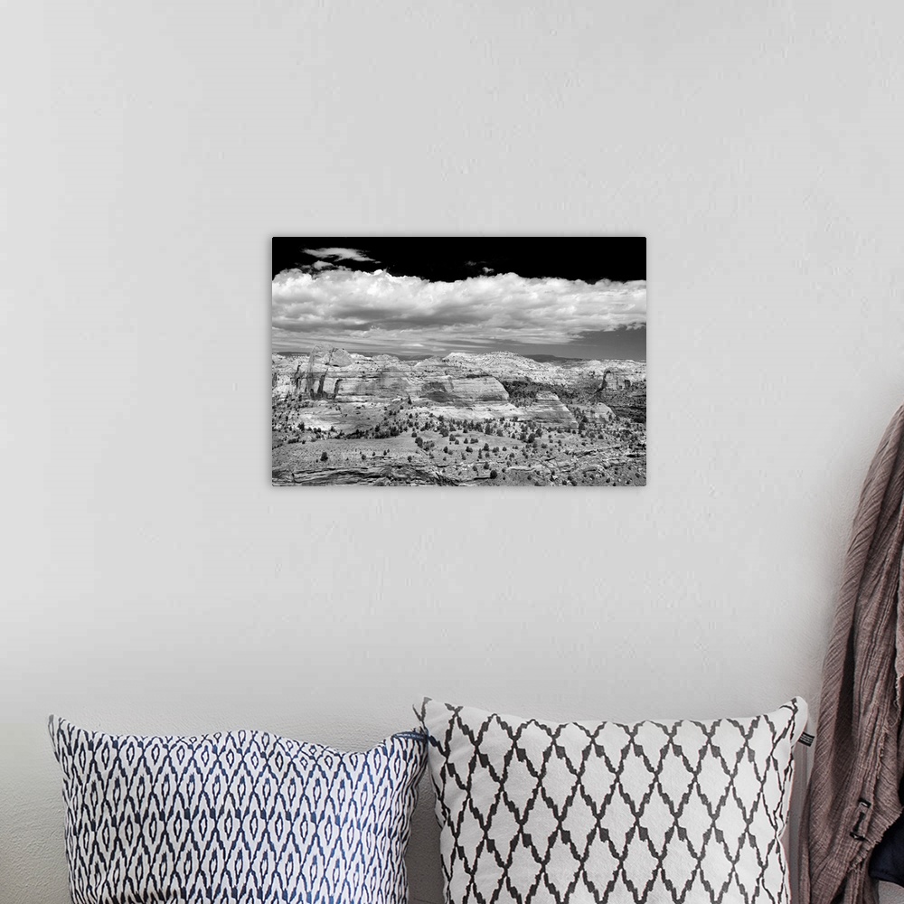 A bohemian room featuring Black and white landscape phonograph  of rock formations with a cloudy sky above.