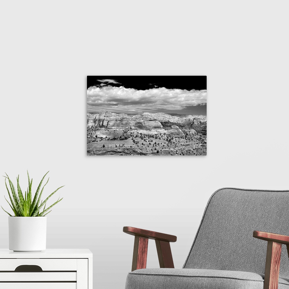 A modern room featuring Black and white landscape phonograph  of rock formations with a cloudy sky above.