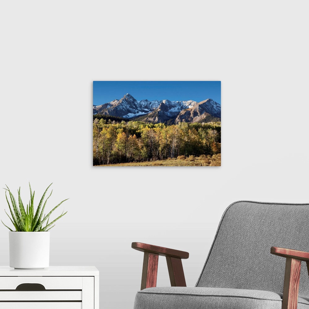 A modern room featuring Sneffles Range at Dallas Divide in fall with golden aspens in the San Juan Mountains in Colorado