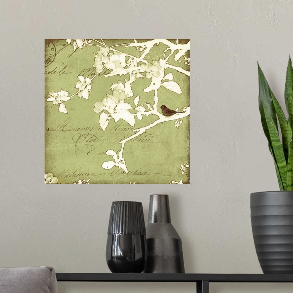 A modern room featuring Artwork featuring lettering and postmark overlain with a watercolor like branch and leaf silhouet...