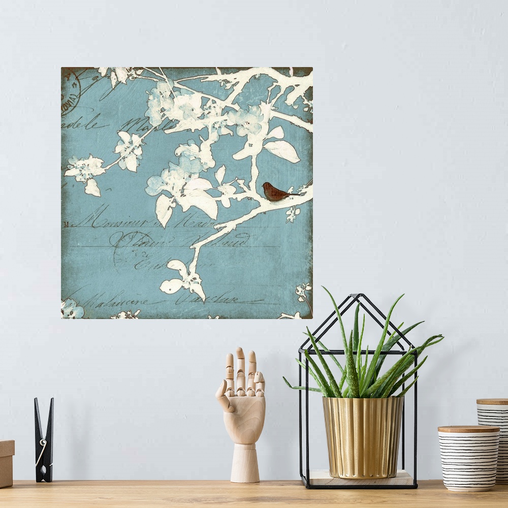 A bohemian room featuring Large square canvas art depicts a bird sitting on the branch of a tree that has been outlined and...