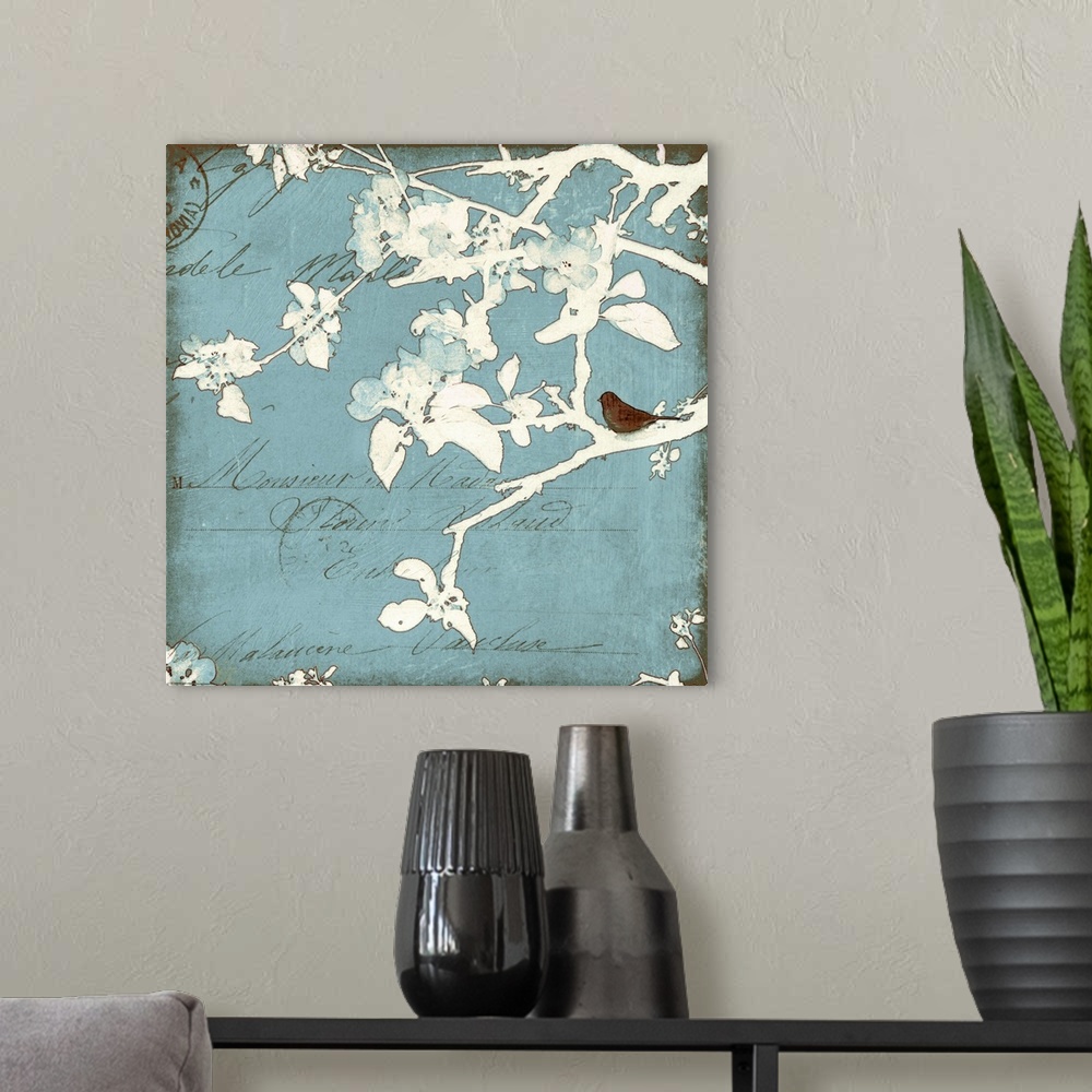 A modern room featuring Large square canvas art depicts a bird sitting on the branch of a tree that has been outlined and...