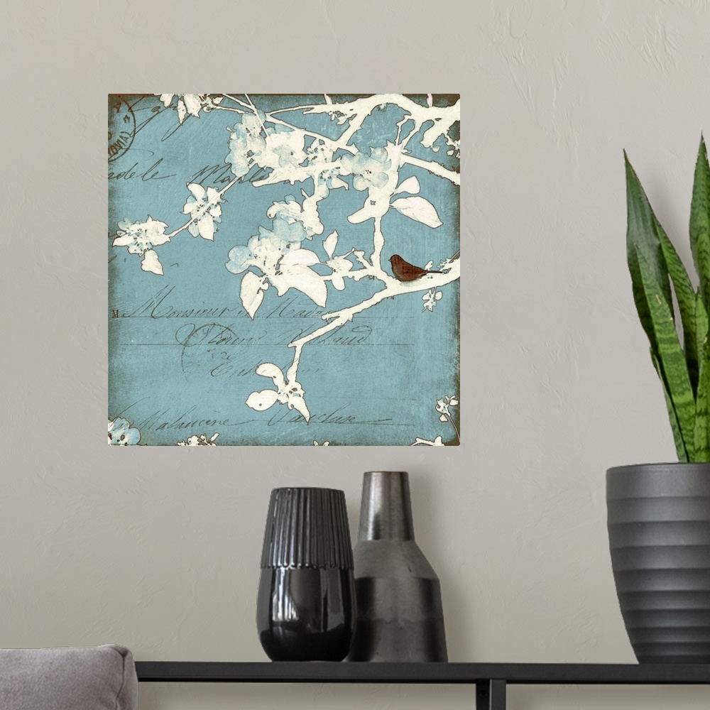 A modern room featuring Large square canvas art depicts a bird sitting on the branch of a tree that has been outlined and...