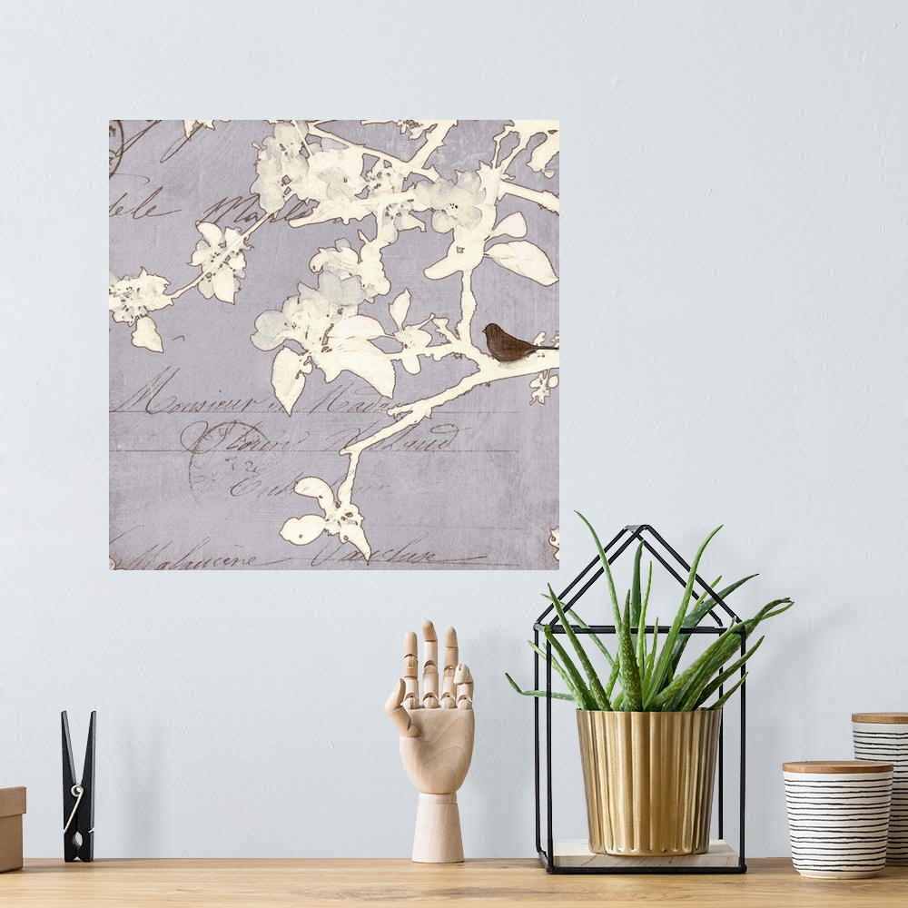 A bohemian room featuring Digital art piece of a small bird sitting on an outline of a thick branch on a neutral textured b...