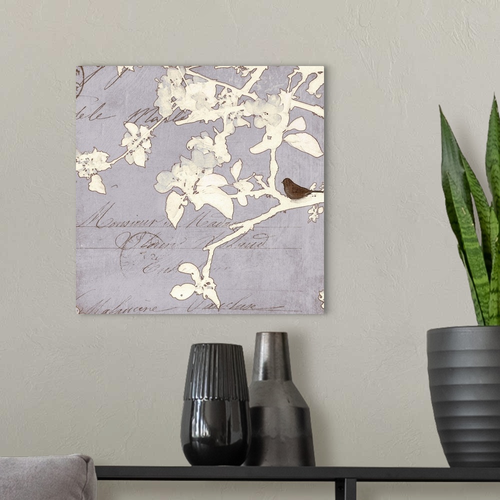 A modern room featuring Digital art piece of a small bird sitting on an outline of a thick branch on a neutral textured b...