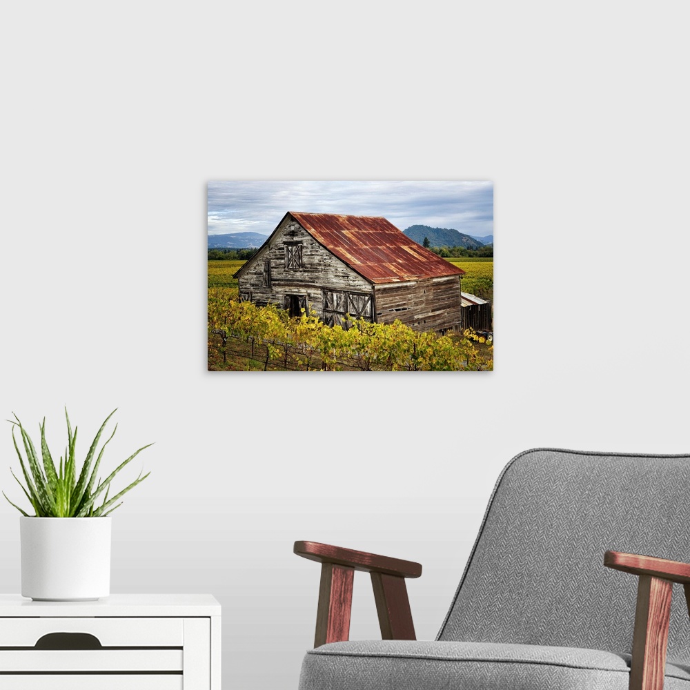 A modern room featuring Photograph of an old and rusted barn in the foothills.