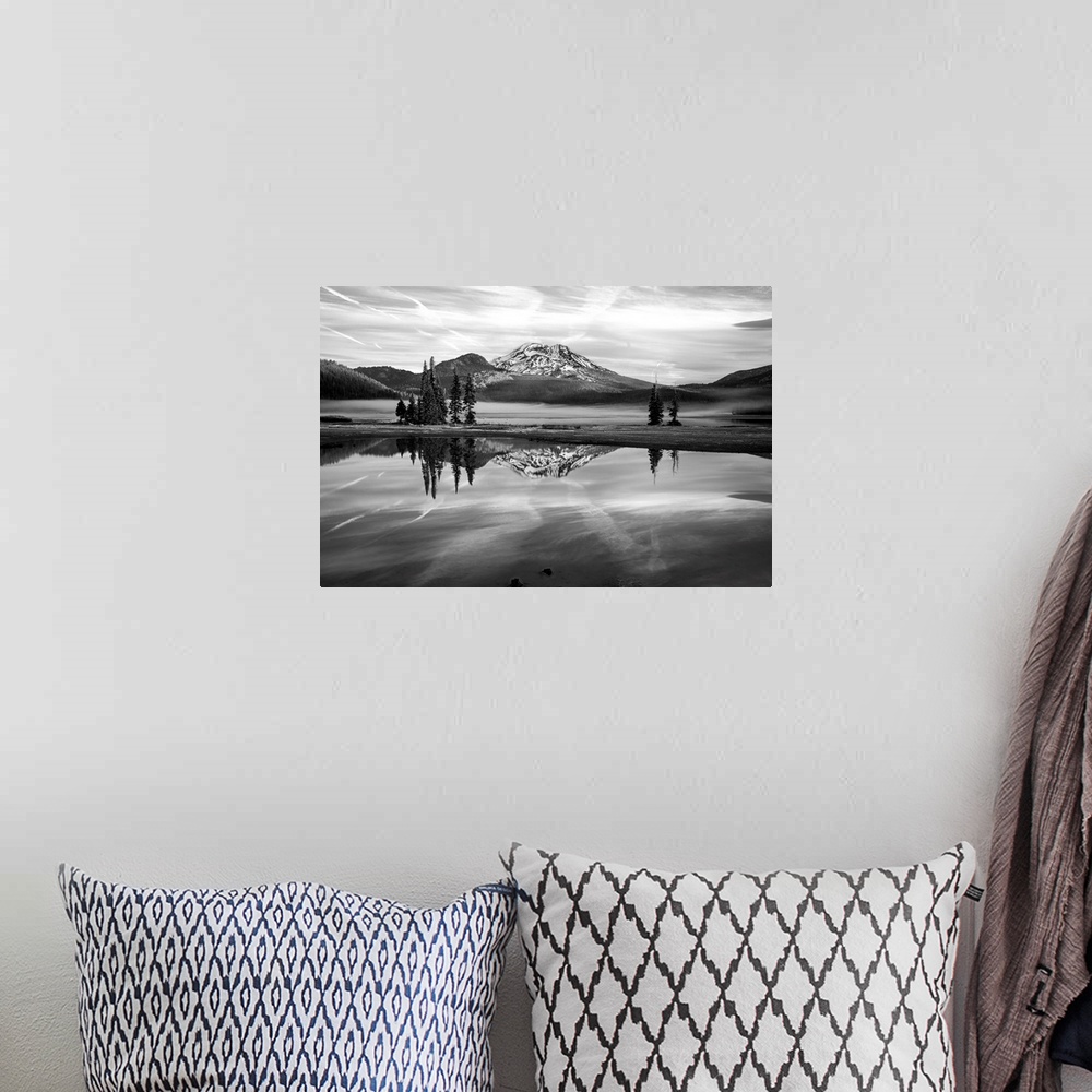 A bohemian room featuring Black and white landscape photograph of Sparks Lake in Oregon with South Sister Mountain in the b...