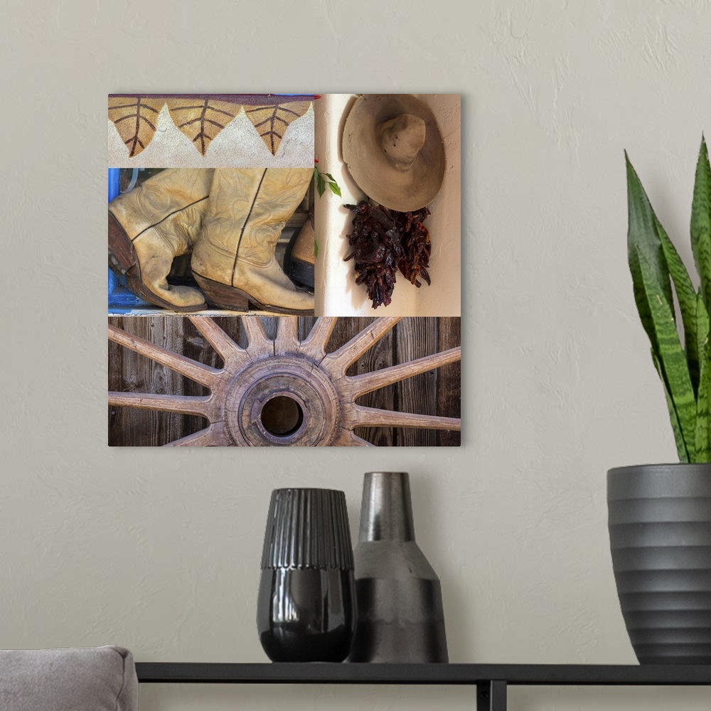 A modern room featuring A collage of southwestern themed items, including a wagon wheel, cowboy boots, and a sombrero.