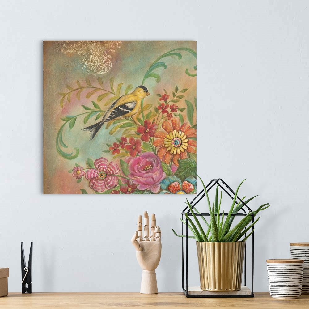 A bohemian room featuring Colorful square painting of a yellow and black bird with flowers.
