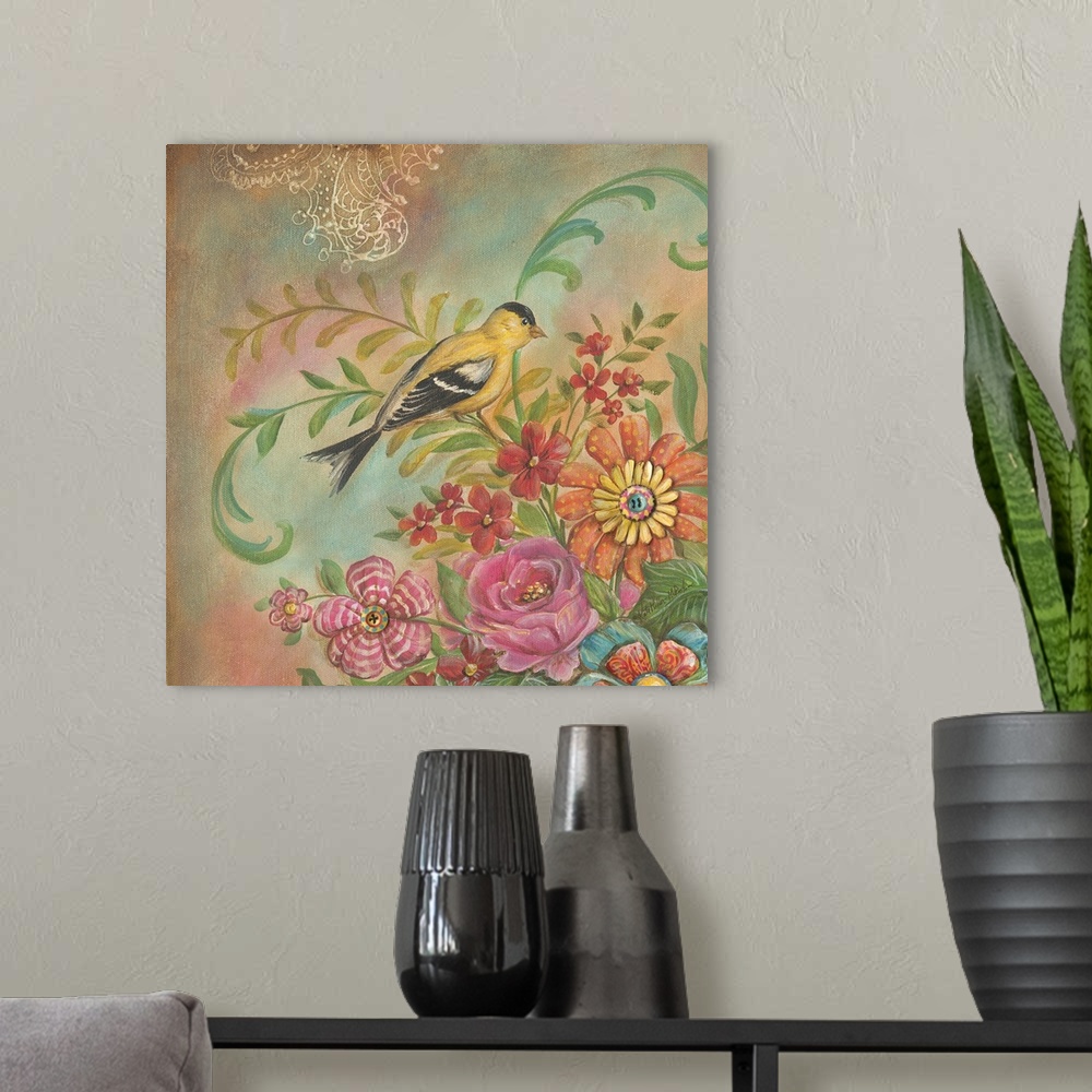 A modern room featuring Colorful square painting of a yellow and black bird with flowers.