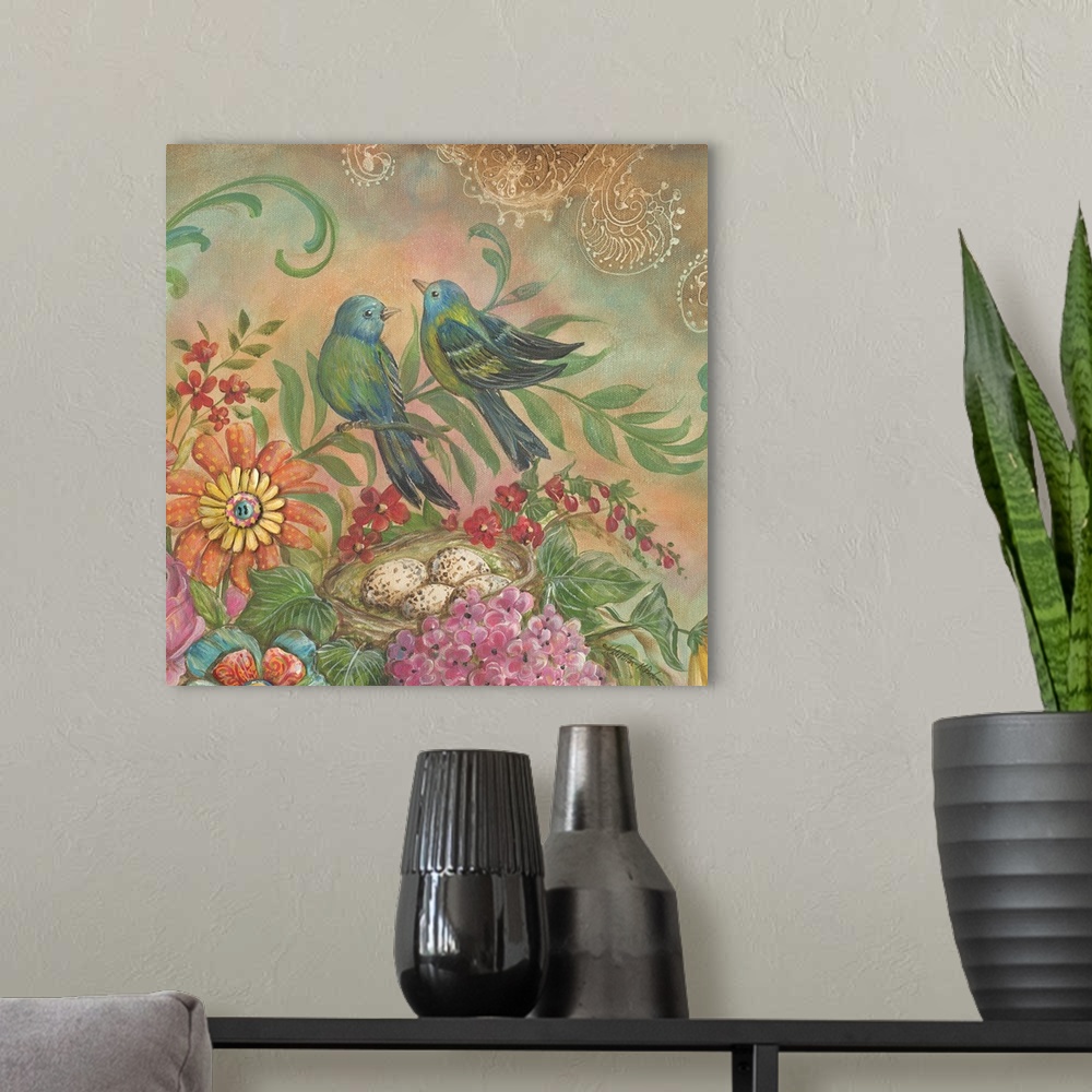 A modern room featuring Colorful square painting of two blue, green, and yellow birds with flowers.