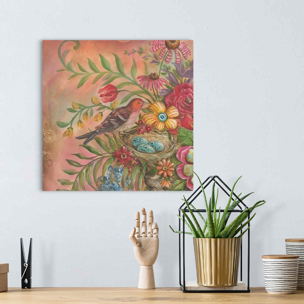 A bohemian room featuring Colorful square painting of a pink, orange, and black bird perched on a birds nest with three egg...