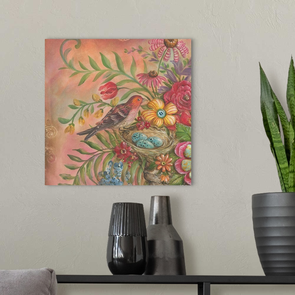 A modern room featuring Colorful square painting of a pink, orange, and black bird perched on a birds nest with three egg...