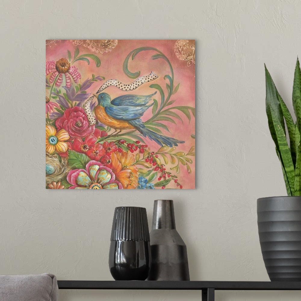 A modern room featuring Colorful square painting of an orange and blue bird with a ribbon in its mouth on top of flowers.