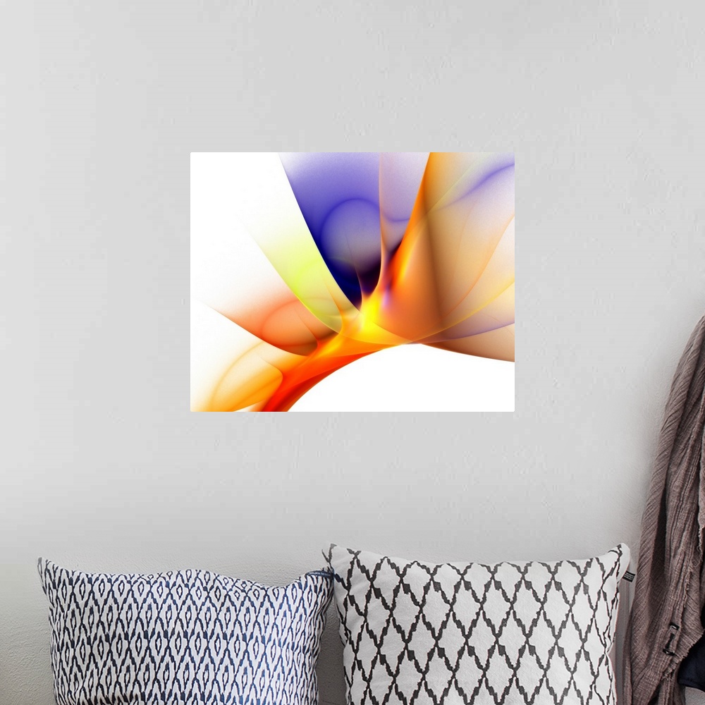 A bohemian room featuring Abstract photograph of spiking waves of color.