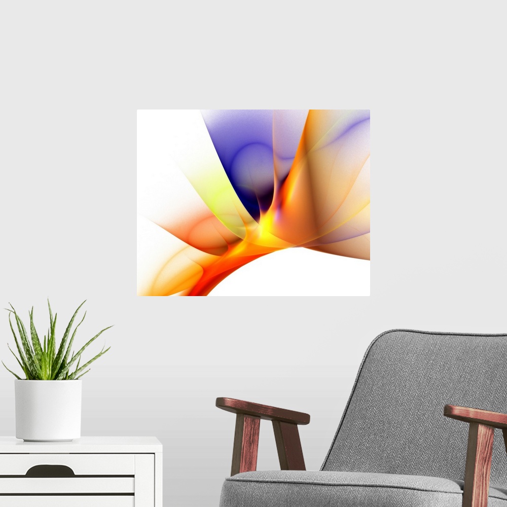 A modern room featuring Abstract photograph of spiking waves of color.