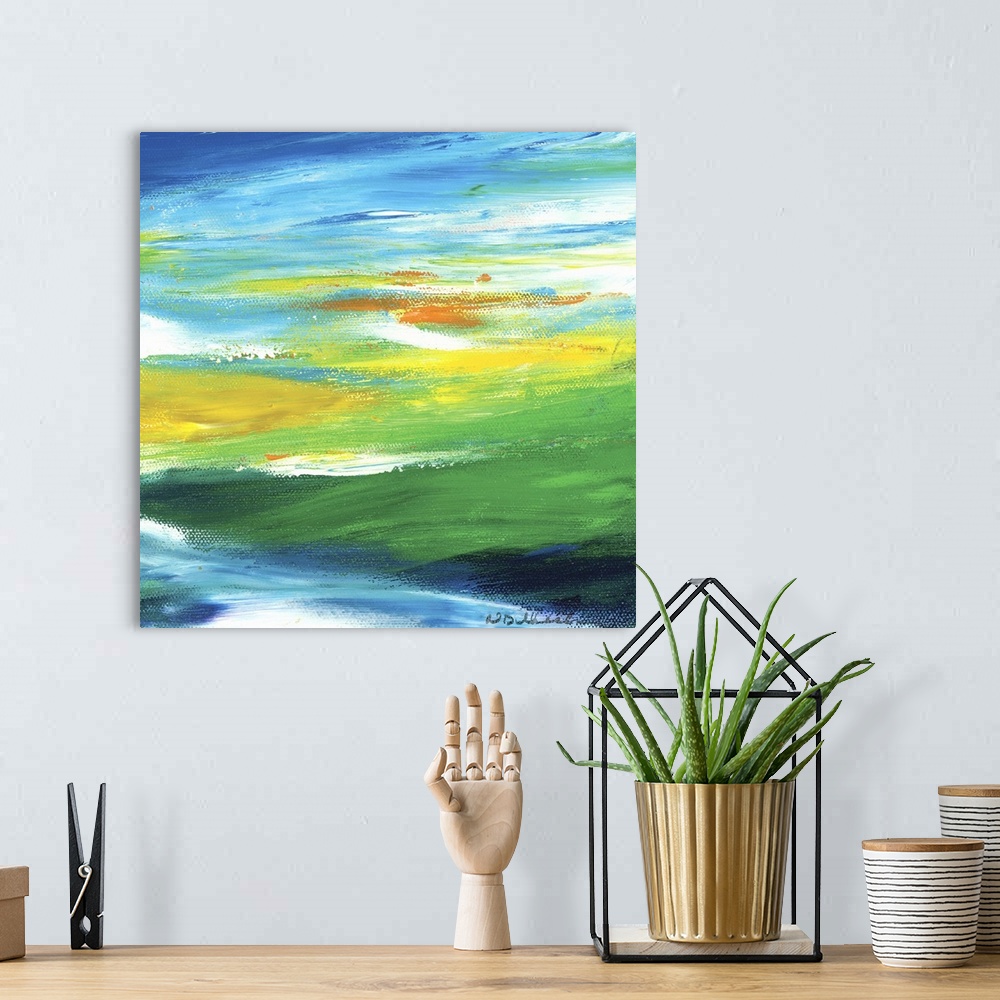A bohemian room featuring Square abstract painting in shades of blue, green, yellow, orange, and white resembling a Spring ...