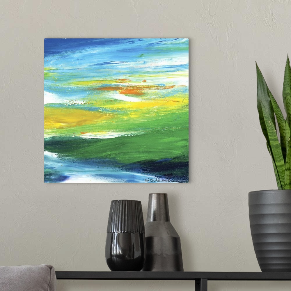 A modern room featuring Square abstract painting in shades of blue, green, yellow, orange, and white resembling a Spring ...