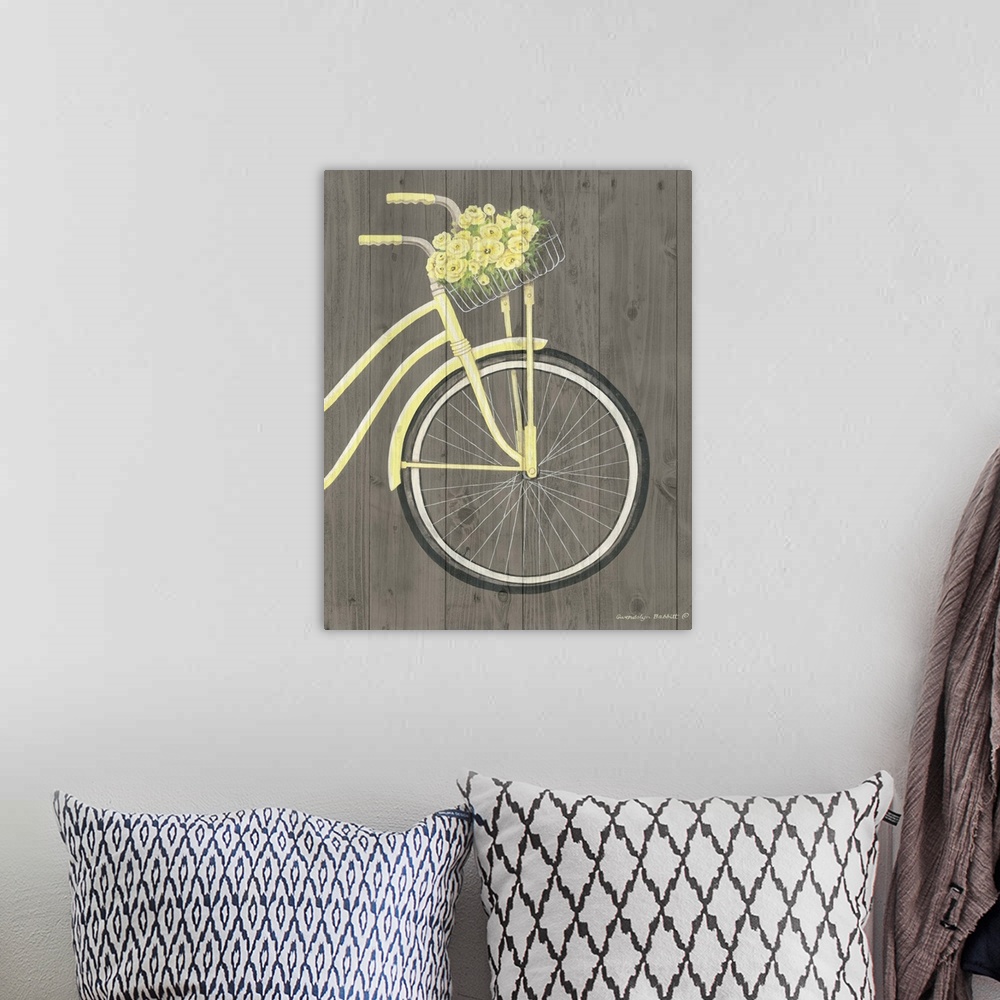 A bohemian room featuring Painting of the front of a pale yellow beach cruiser with a basket filled with yellow flowers on ...